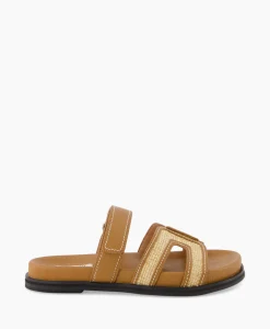 Cheap Sandaal Zonder Hak Leather And Rafia Licht Bruin Dames Sandalen